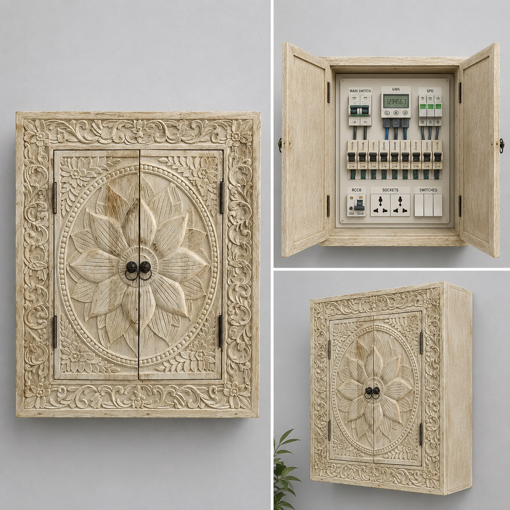 Decorative Wooden Electrical Panel Cover, Vintage Style, Ornate Carved Floral Design, Double Door (W 24 X L 30 X 2.5 Inches)
