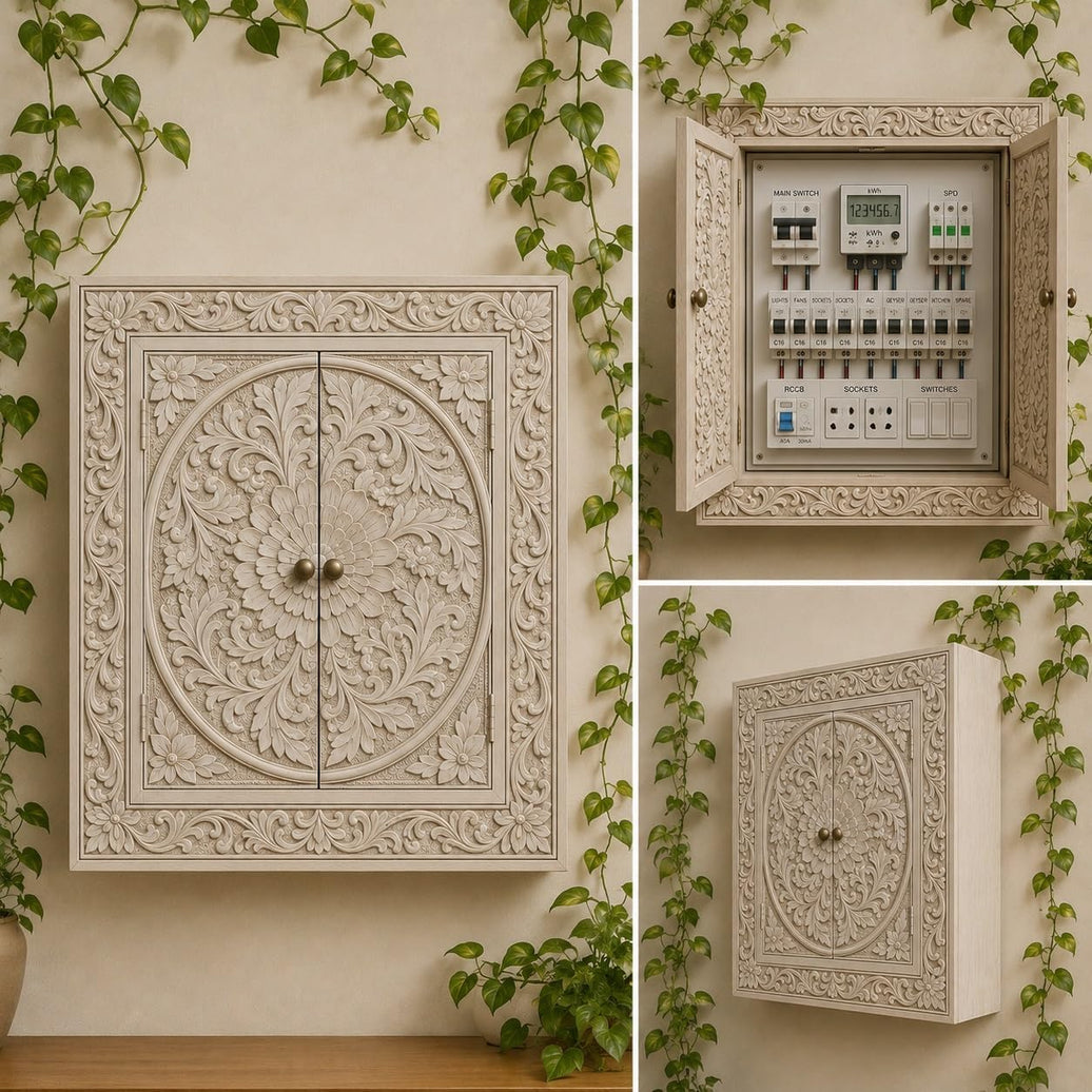 Decorative Wooden Electrical Panel Cover, Vintage Style Breaker Box Door with Ornate Carved Floral Design (W 24 X L 30 X 5 Inches)