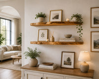 Live Edge Floating Wall Shelf, Natural Wood Grain, Rustic Solid Wood Design