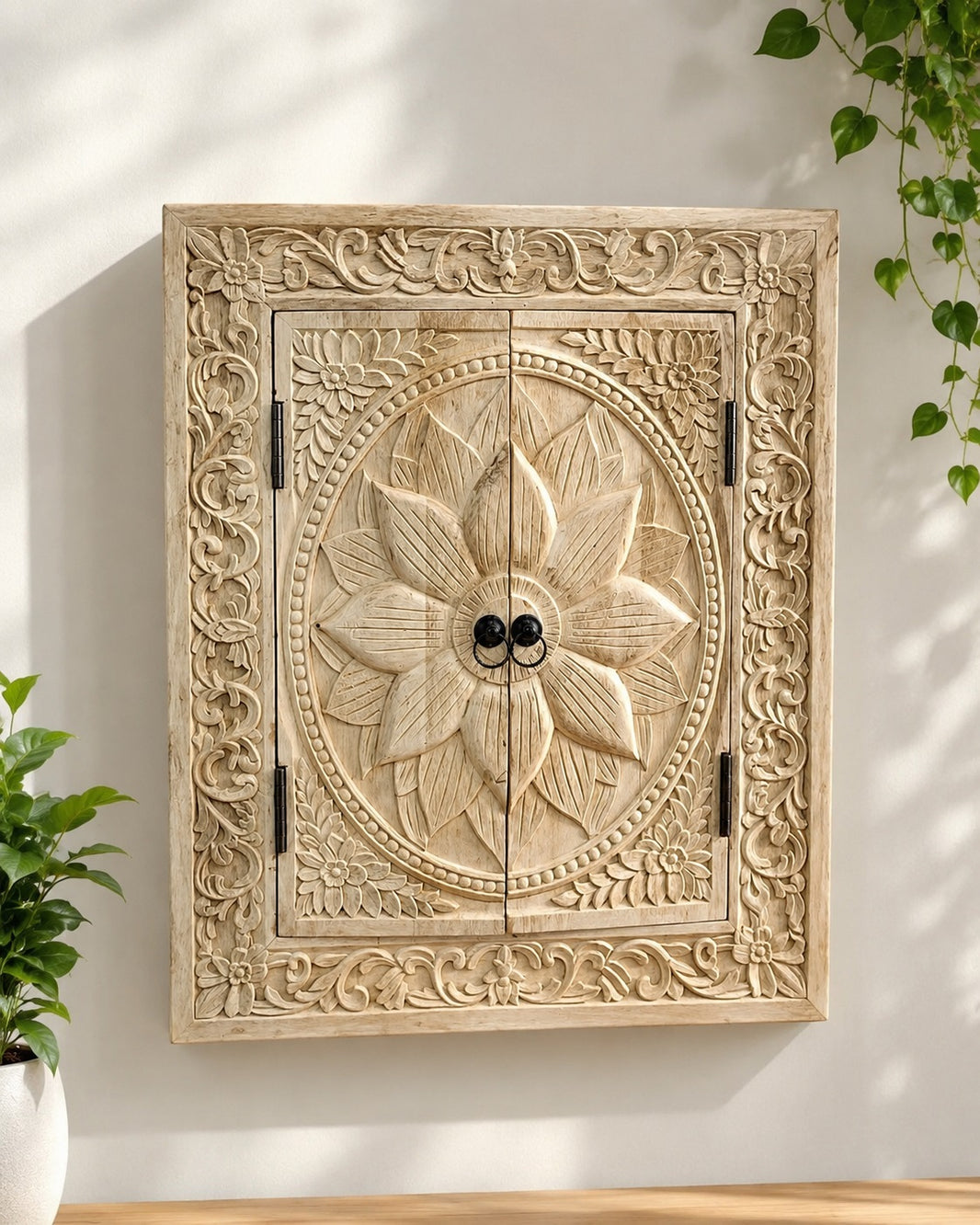 Decorative Wooden Electrical Panel Cover, Vintage Style, Ornate Carved Floral Design, Double Door (W 24 X L 30 X 2.5 Inches)