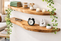 Live Edge Corner Wall Shelf, Solid Wood, Natural Grain, Floating Mount