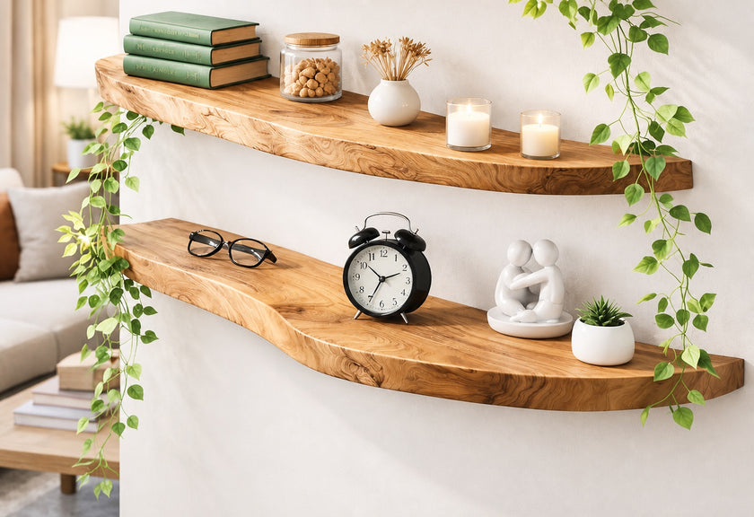 Live Edge Corner Wall Shelf, Solid Wood, Natural Grain, Floating Mount