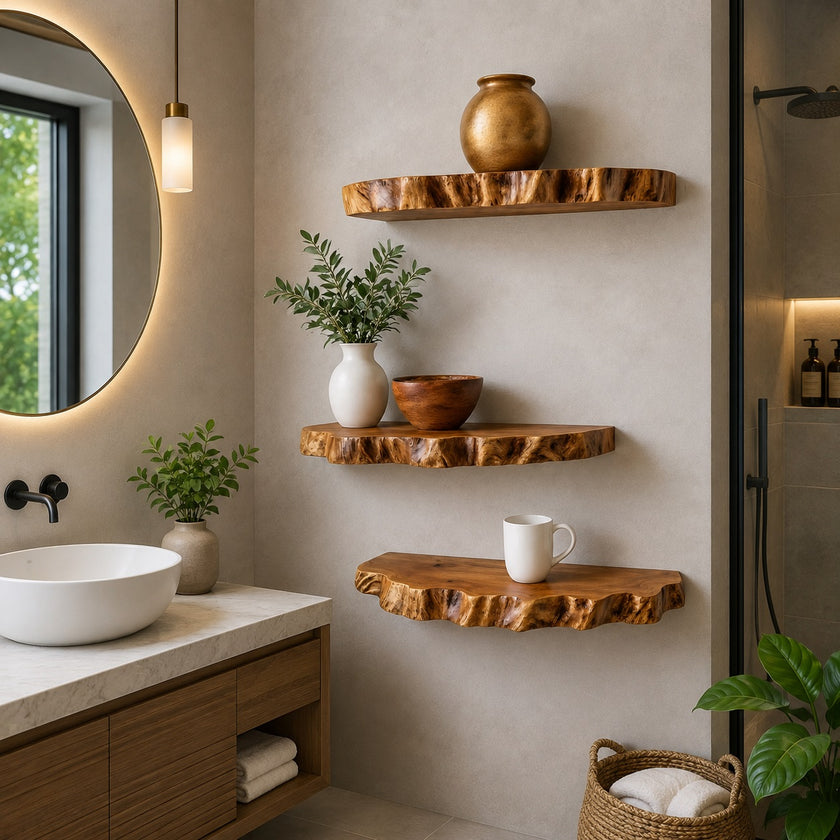 Live Edge Teak Floating Shelf, Bathroom Wall Shelf, Kitchen Shelf, Plant Wall Decor, Rustic Farmhouse Wood Shelf