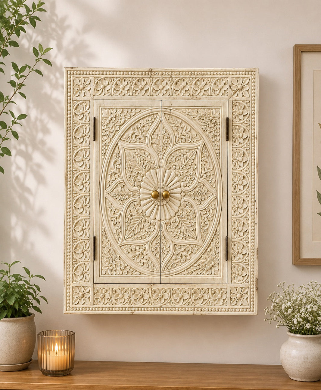 Decorative Wooden Electrical Panel Cover, Vintage Style, Ornate Carved Floral Design, Double Door, Natural Wood (W 24 X L 30 X 2.5 Inches)