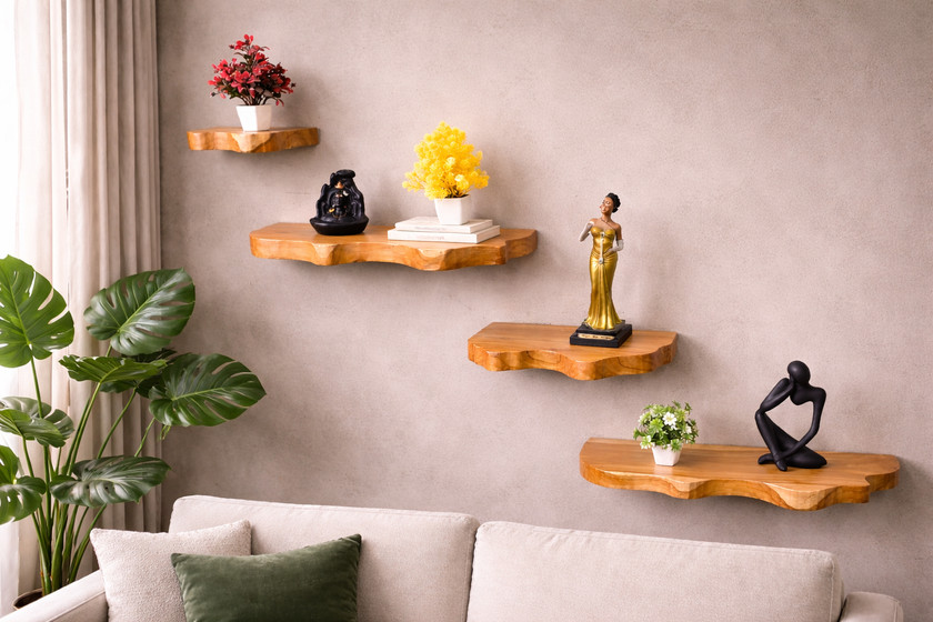 Live Edge Floating Wall Shelves, Teak Wood, Modern Rustic Décor