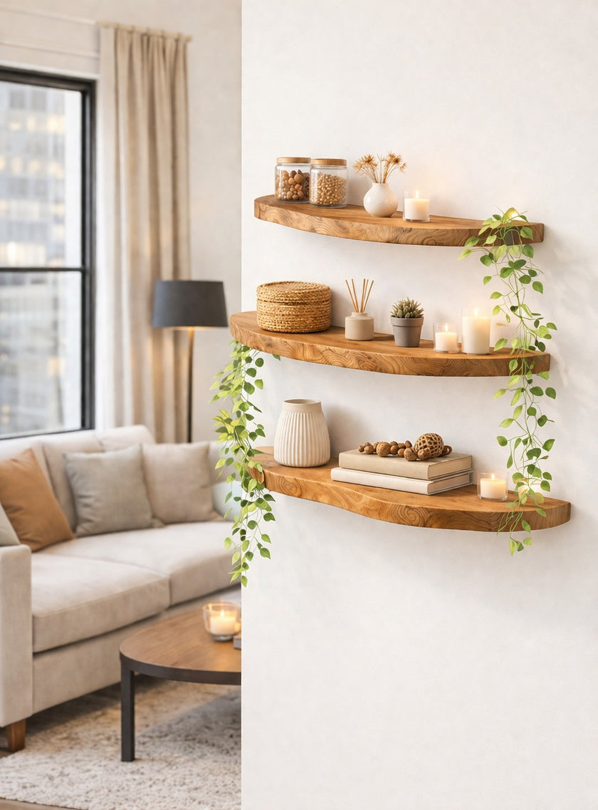 Live Edge Corner Wall Shelf, Solid Wood, Natural Grain, Floating Mount