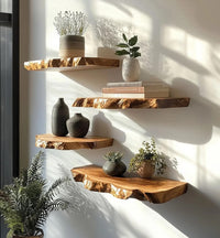 Live Edge Floating Wall Shelves, Teak Wood, Modern Rustic Décor