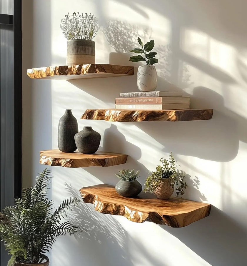 Live Edge Floating Wall Shelves, Teak Wood, Modern Rustic Décor