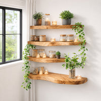 Live Edge Corner Wall Shelf, Solid Wood, Natural Grain, Floating Mount
