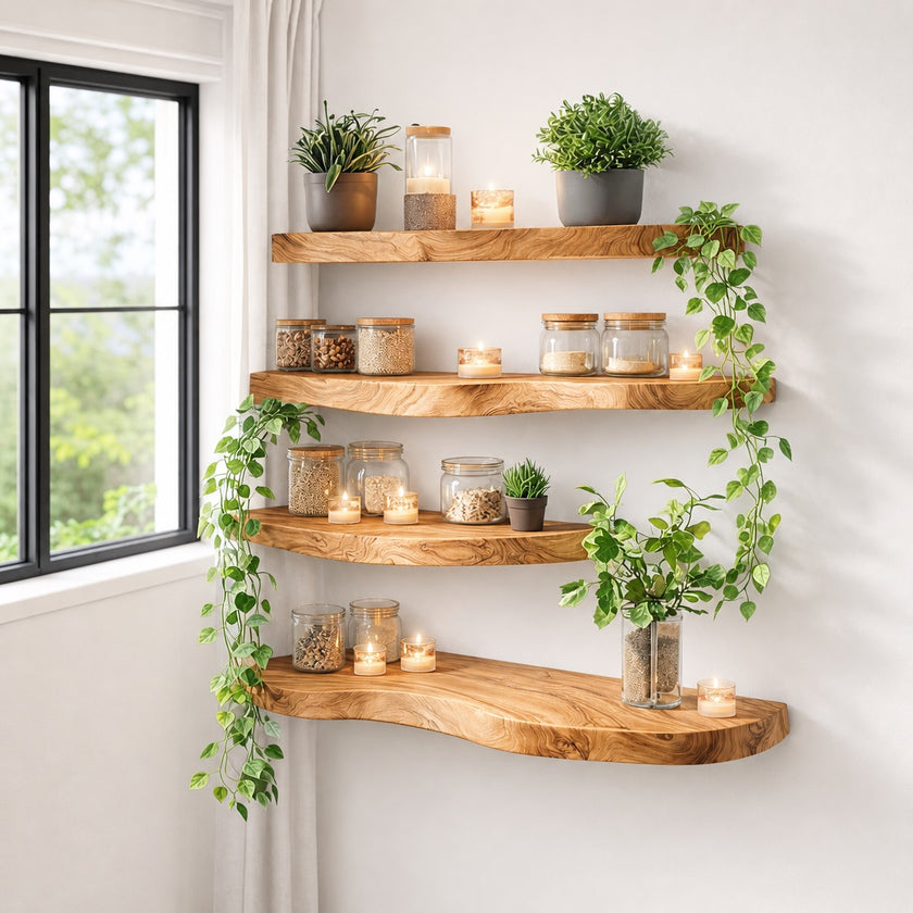 Live Edge Corner Wall Shelf, Solid Wood, Natural Grain, Floating Mount