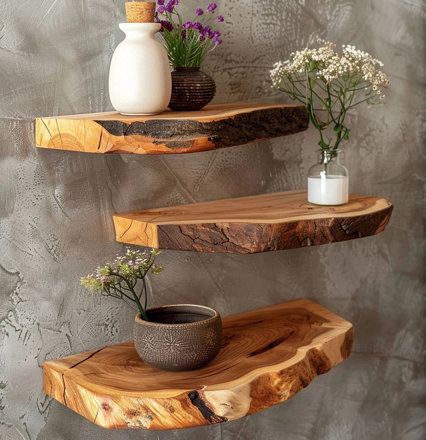 Rustic Live Edge Wall Mounted Floating Shelves, Natural Wood, Kitchen Bathroom Storage Display (10" W X 6" D X 1.5" (Inches))