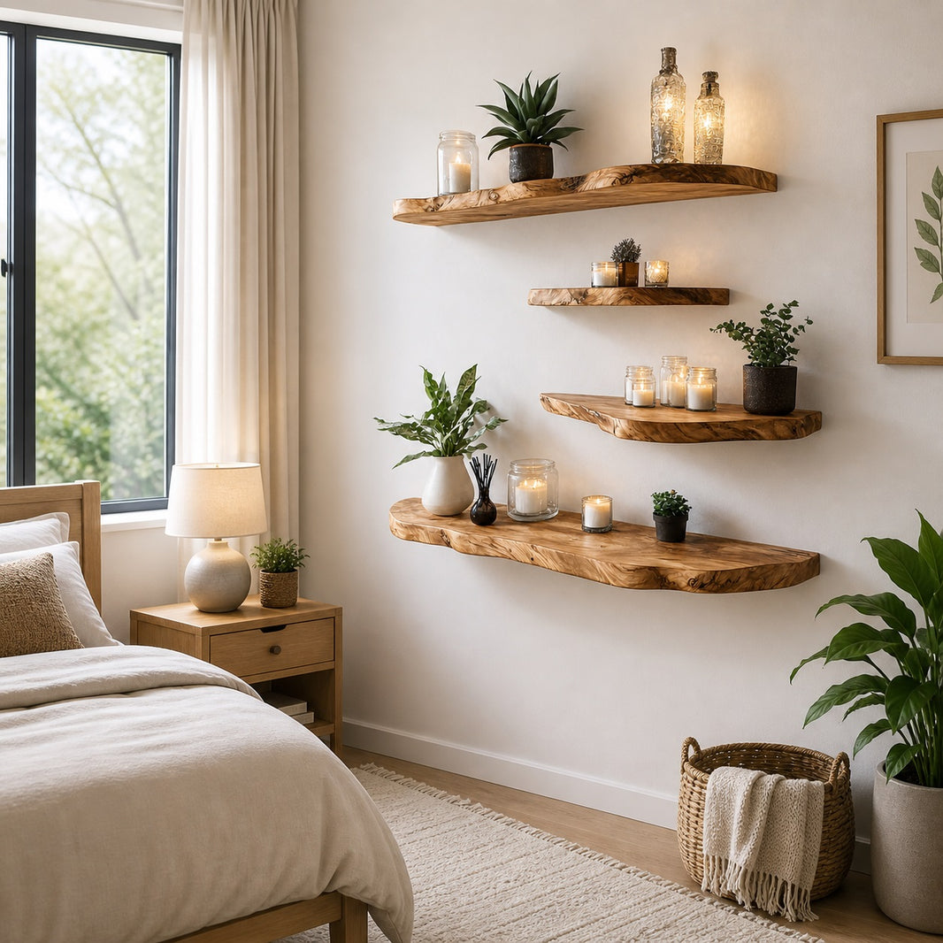 Live Edge Floating Wall Shelf, Natural Wood Grain, Rustic Solid Wood Design