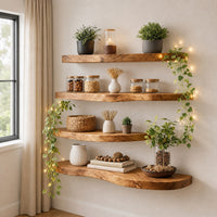 Live Edge Corner Wall Shelf, Solid Wood, Natural Grain, Floating Mount