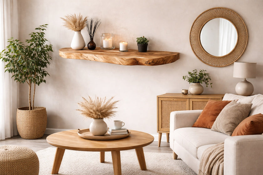 Live Edge Floating Wall Shelf, Natural Wood Grain, Rustic Solid Wood Design