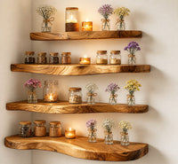 Live Edge Corner Wall Shelf, Solid Wood, Natural Grain, Floating Mount