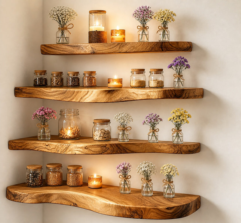 Live Edge Corner Wall Shelf, Solid Wood, Natural Grain, Floating Mount