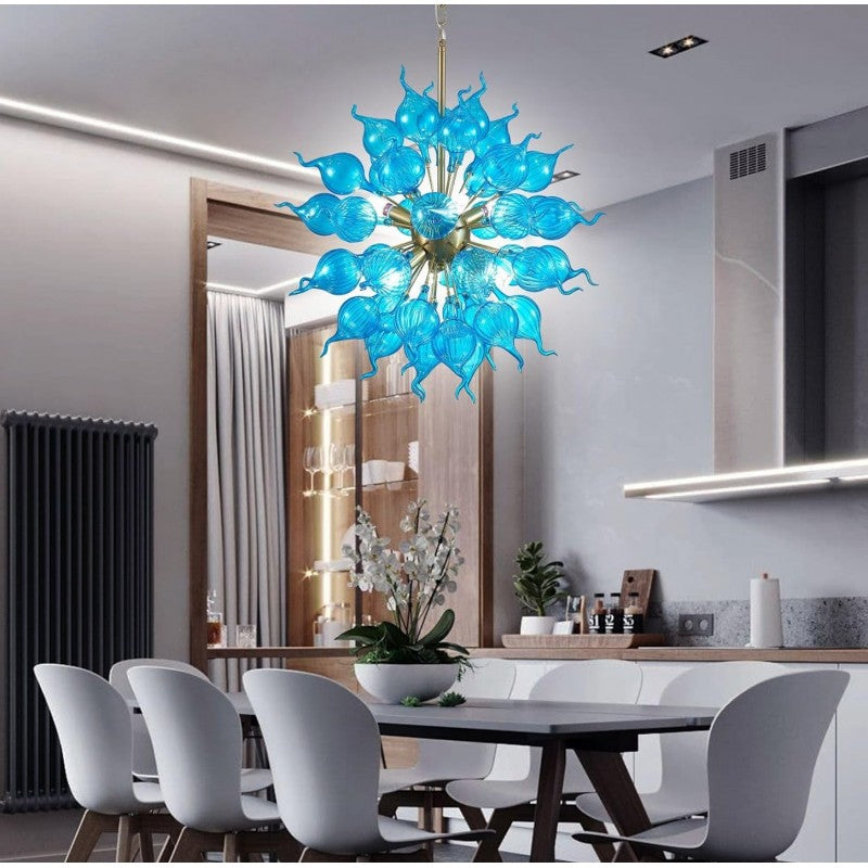 Blue Flower Bud Art Deco Chandelier, Dia 26'' Hand Blown Glass Hanging Pendant Light Fixture for Bedroom, Dining,Living Room Home Decortion