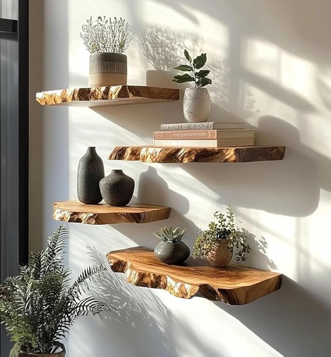 Live Edge Floating Wall Shelves, Teak Wood, Modern Rustic Decor (10" W X 6" D X 1.5" (Inches))