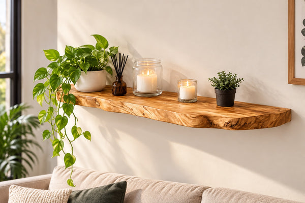 Live Edge Floating Wall Shelf, Natural Wood Grain, Rustic Solid Wood Design