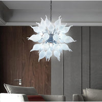 Modern Jade White Flower Bud Art Deco Chandelier Hand Blown Glass Hanging Pendant Light Fixture for Staircase, Hotel, Lobby, Kitchen