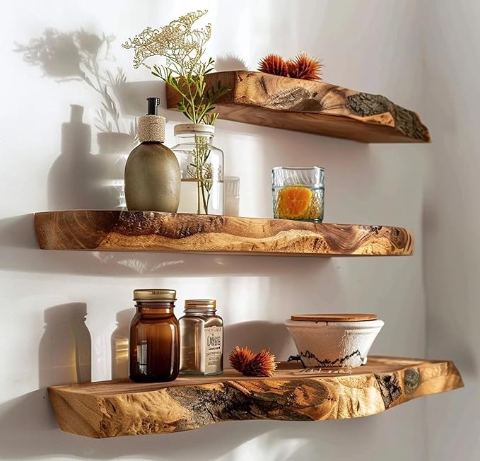 Rustic Live Edge Wall Mounted Floating Shelves, Natural Wood, Kitchen Bathroom Storage Display (10" W X 6" D X 1.5" (Inches))