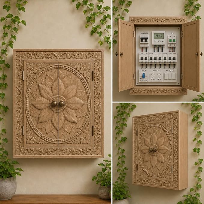Decorative Wooden Electrical Panel Cover, Vintage Style, Ornate Carved Floral Design, Double Door (W 24 X L 30 X 5 Inches)