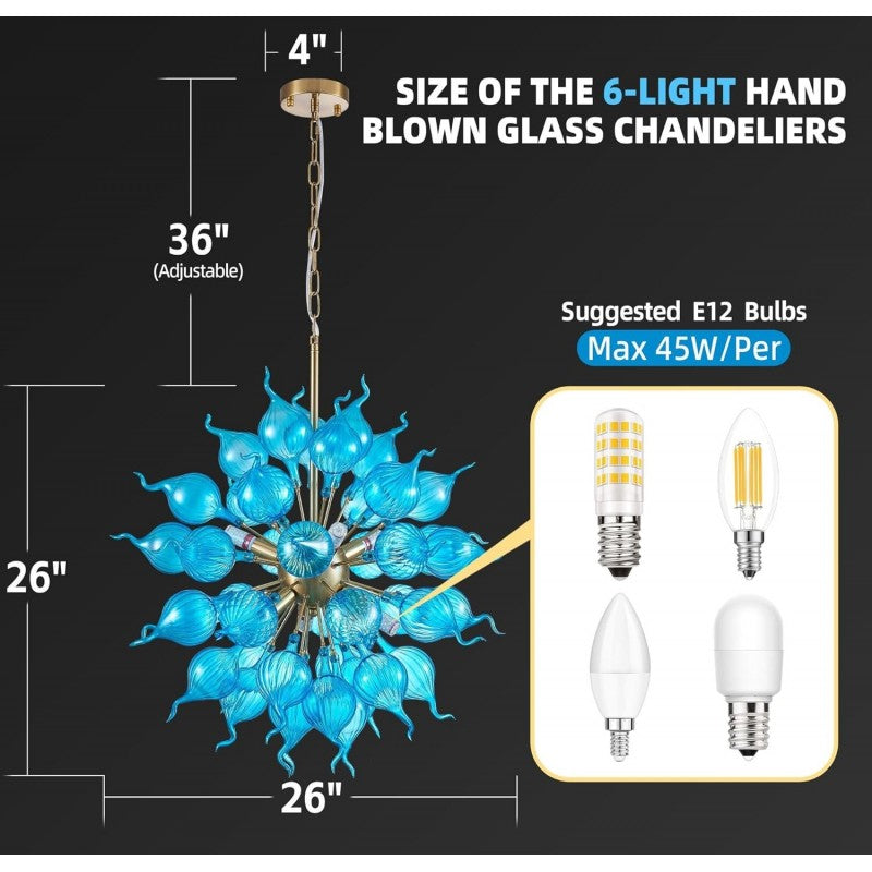 Blue Flower Bud Art Deco Chandelier, Dia 26'' Hand Blown Glass Hanging Pendant Light Fixture for Bedroom, Dining,Living Room Home Decortion