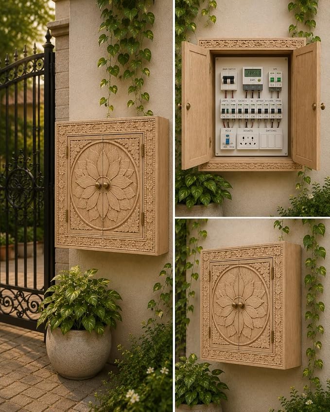 Decorative Wooden Electrical Panel Cover, Vintage Style, Ornate Carved Floral Design, Double Door (W 24 X L 30 X 5 Inches)