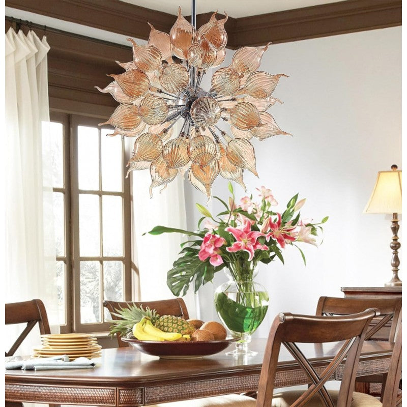 Brown Flower Bud Art Deco Chandelier, Dia 26'' Hand Blown Glass Hanging Pendant Light Fixture for Bedroom, Dining,Living Room Home Decortion