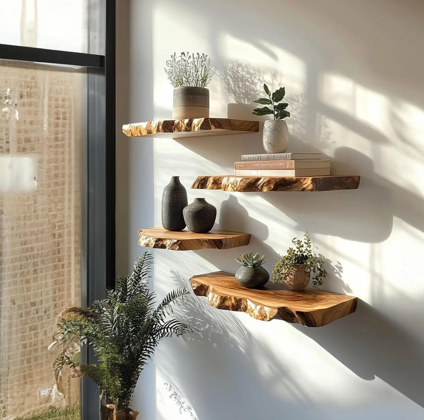 Live Edge Floating Wall Shelves, Teak Wood, Modern Rustic Décor