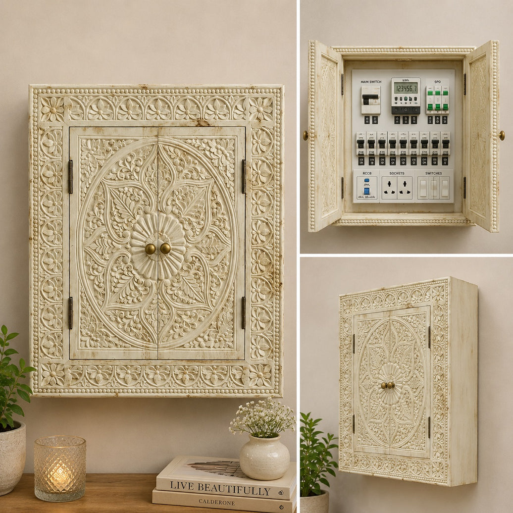 Decorative Wooden Electrical Panel Cover, Vintage Style, Ornate Carved Floral Design, Double Door, Natural Wood (W 24 X L 30 X 2.5 Inches)