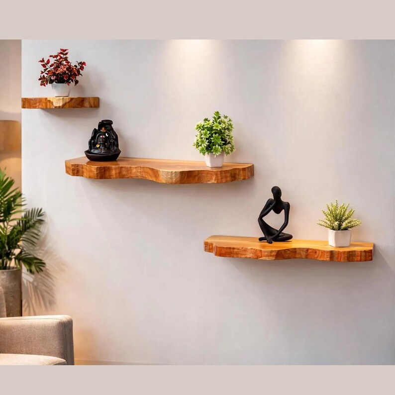 Live Edge Teak Floating Shelf, Bathroom Wall Shelf, Kitchen Shelf, Plant Wall Decor, Rustic Farmhouse Wood Shelf