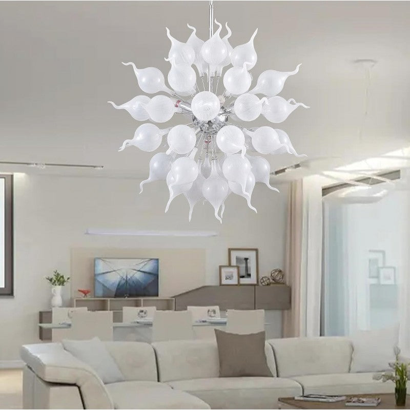 Modern Jade White Flower Bud Art Deco Chandelier Hand Blown Glass Hanging Pendant Light Fixture for Staircase, Hotel, Lobby, Kitchen