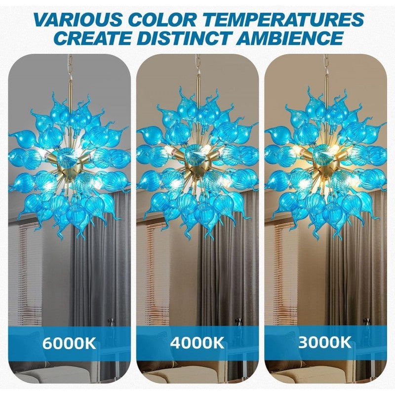 Blue Flower Bud Art Deco Chandelier, Dia 26'' Hand Blown Glass Hanging Pendant Light Fixture for Bedroom, Dining,Living Room Home Decortion