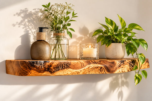 Rustic Live Edge Wall Mounted Floating Shelves, Natural Wood, Kitchen Bathroom Storage Display
