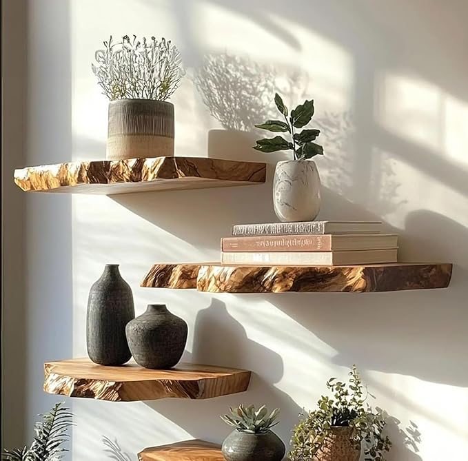 Live Edge Floating Wall Shelves, Teak Wood, Modern Rustic Decor (10" W X 6" D X 1.5" (Inches))