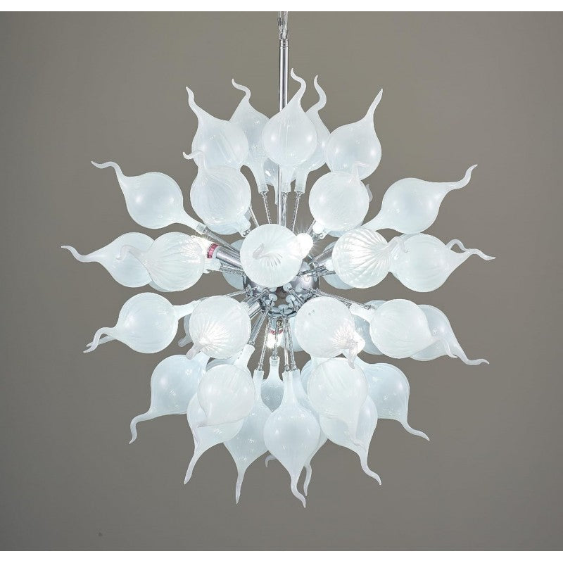 Modern Jade White Flower Bud Art Deco Chandelier Hand Blown Glass Hanging Pendant Light Fixture for Staircase, Hotel, Lobby, Kitchen