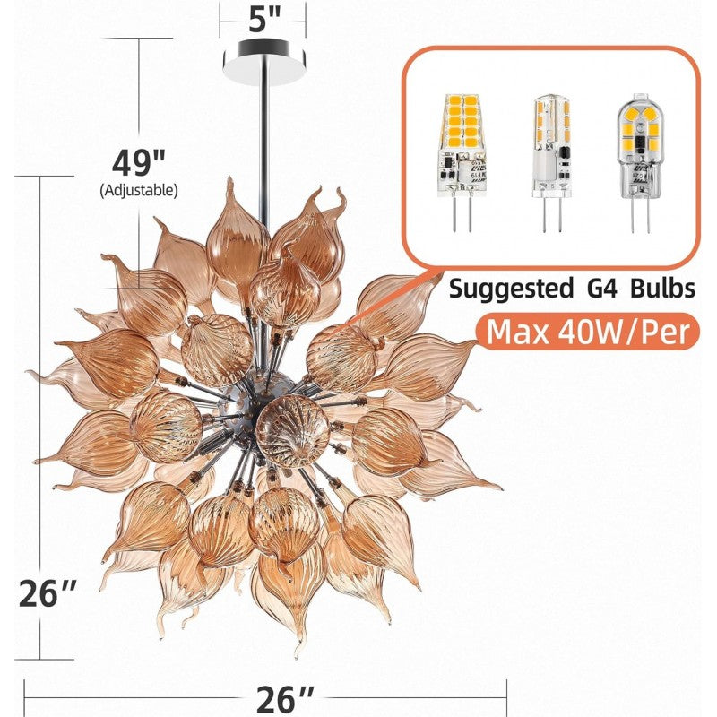 Brown Flower Bud Art Deco Chandelier, Dia 26'' Hand Blown Glass Hanging Pendant Light Fixture for Bedroom, Dining,Living Room Home Decortion