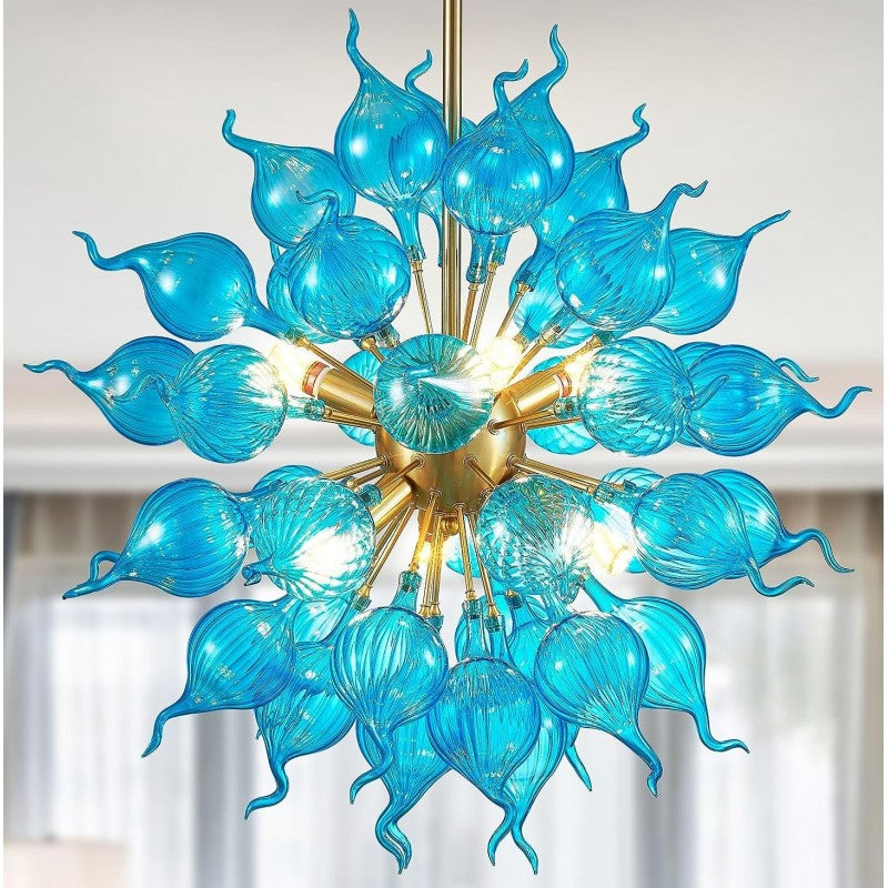 Blue Flower Bud Art Deco Chandelier, Dia 26'' Hand Blown Glass Hanging Pendant Light Fixture for Bedroom, Dining,Living Room Home Decortion