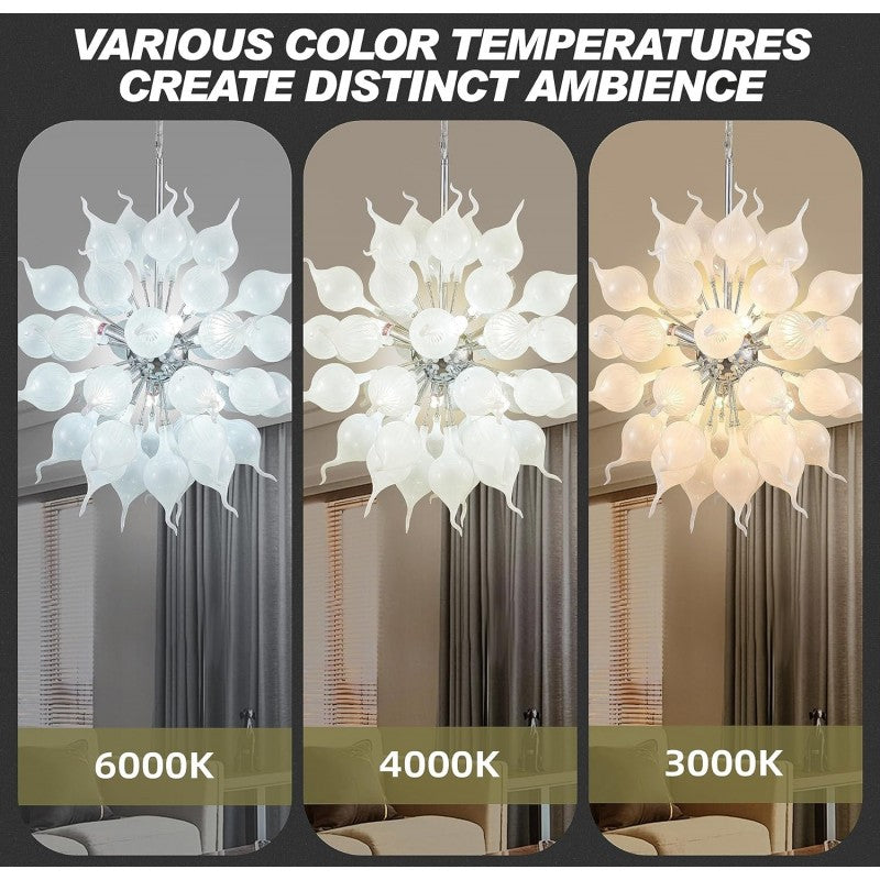 Modern Jade White Flower Bud Art Deco Chandelier Hand Blown Glass Hanging Pendant Light Fixture for Staircase, Hotel, Lobby, Kitchen