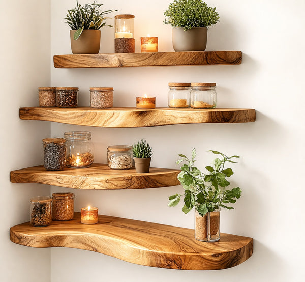 Live Edge Corner Wall Shelf, Solid Wood, Natural Grain, Floating Mount (10" W X 6" D X 1.5" (Inches))