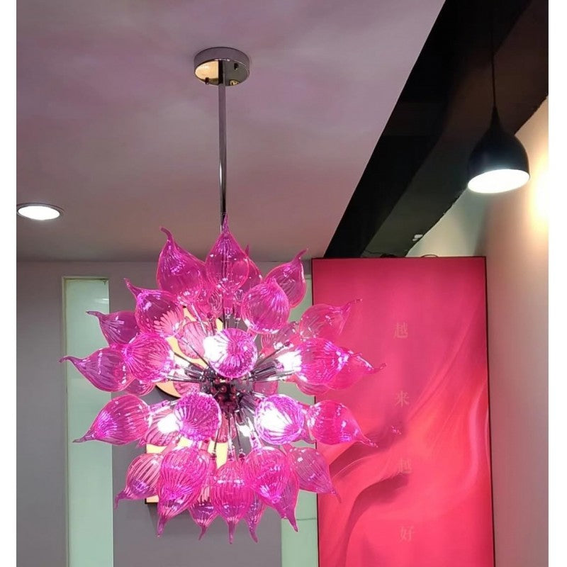 Modern Hand Blown Glass Hanging Pendant Light Pink Flower Bud Art Deco Chandelier Fixture for Bedroom,Dining Room,Living Room Home Decortion