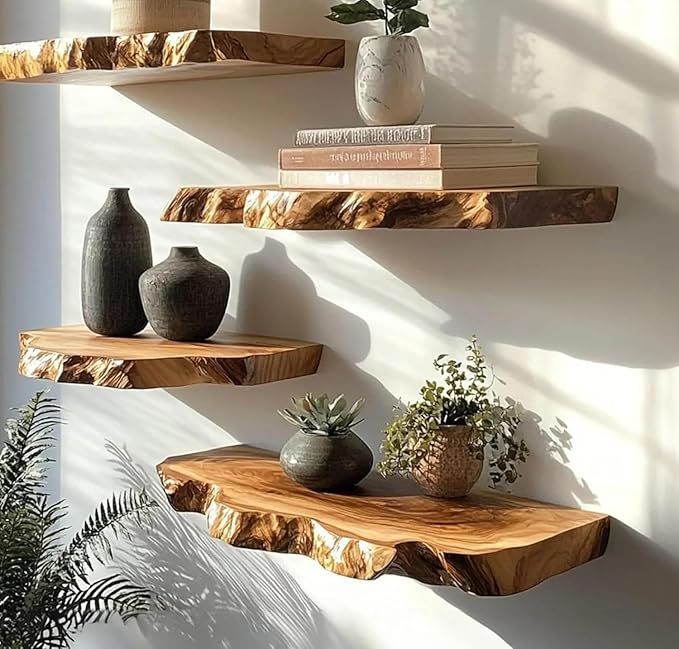 Live Edge Floating Wall Shelves, Teak Wood, Modern Rustic Decor (10" W X 6" D X 1.5" (Inches))