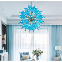 Blue Flower Bud Art Deco Chandelier, Dia 26'' Hand Blown Glass Hanging Pendant Light Fixture for Bedroom, Dining,Living Room Home Decortion