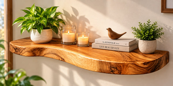 Live Edge Corner Wall Shelf, Solid Wood, Natural Grain, Floating Mount