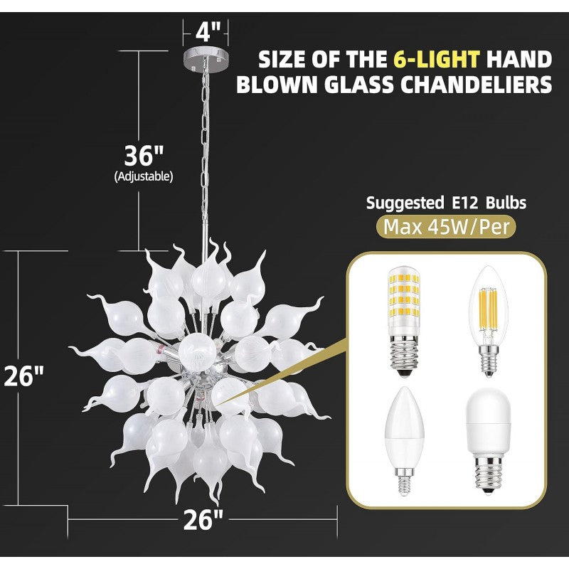 Modern Jade White Flower Bud Art Deco Chandelier Hand Blown Glass Hanging Pendant Light Fixture for Staircase, Hotel, Lobby, Kitchen