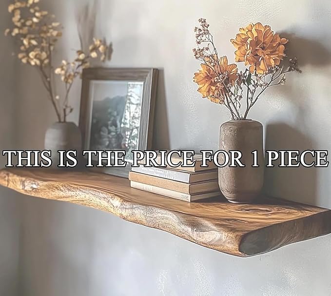 Live Edge Floating Wall Shelf, Natural Wood Grain, Rustic Solid Wood Design (10" W X 6" D X 1.5" (Inches))