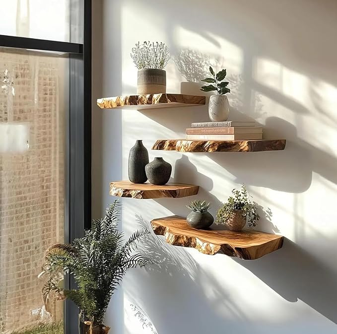Live Edge Floating Wall Shelves, Teak Wood, Modern Rustic Decor (10" W X 6" D X 1.5" (Inches))