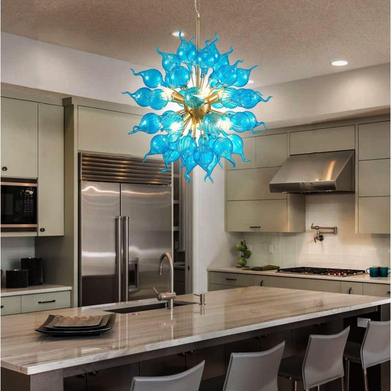 Blue Flower Bud Art Deco Chandelier, Dia 26'' Hand Blown Glass Hanging Pendant Light Fixture for Bedroom, Dining,Living Room Home Decortion