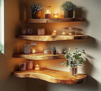 Live Edge Corner Wall Shelf, Solid Wood, Natural Grain, Floating Mount (10" W X 6" D X 1.5" (Inches))
